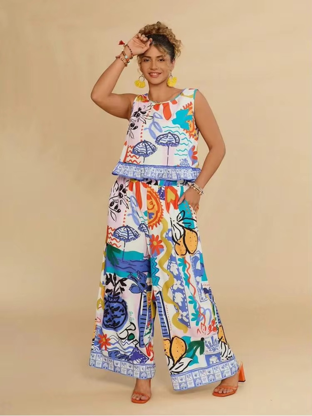 Shein Curve Travachic Plus Size Boho Printed Top & Pants Set, Size 2XL
